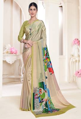 stylish multicolor premium printed green crepe saree with blouse 1