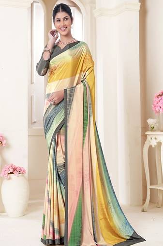 classic multicolor shades printed green crepe saree with blouse