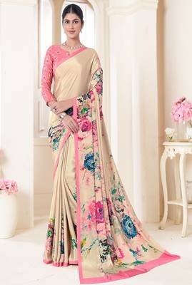 modern multicolor floral printed pink crepe saree 1