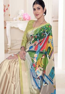 stylish multicolor premium printed green crepe saree with blouse 2