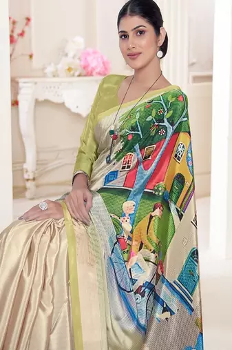 stylish multicolor premium printed green crepe saree with blouse