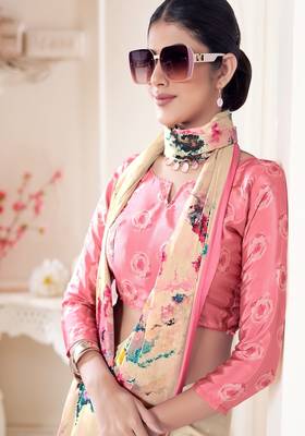 modern multicolor floral printed pink crepe saree 2