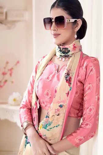 modern multicolor floral printed pink crepe saree
