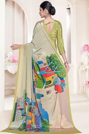 stylish multicolor premium printed green crepe saree with blouse