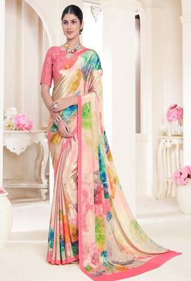 designer multicolor premium printed pink crepe saree with blouse 1