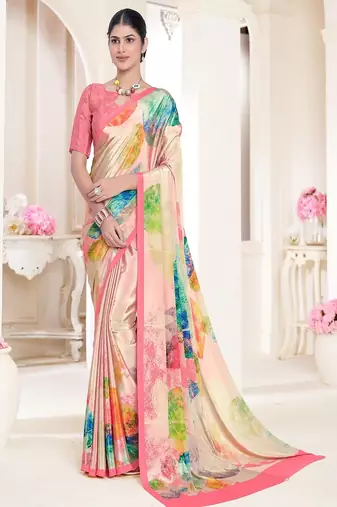designer multicolor premium printed pink crepe saree with blouse
