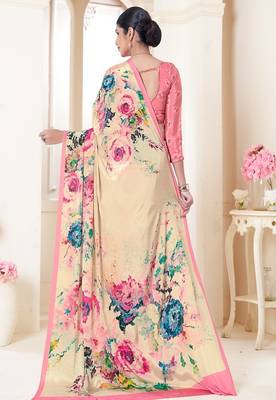 modern multicolor floral printed pink crepe saree 3