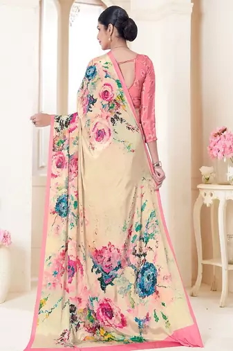 modern multicolor floral printed pink crepe saree