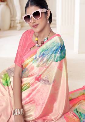 designer multicolor premium printed pink crepe saree with blouse 2