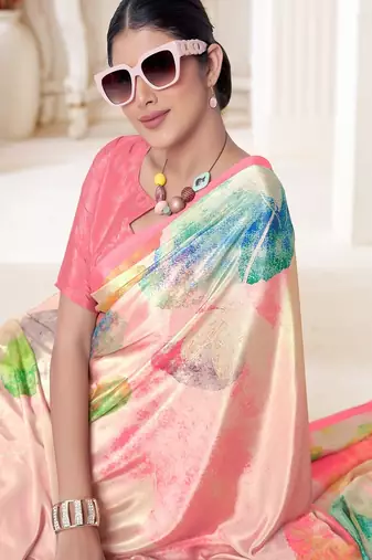 designer multicolor premium printed pink crepe saree with blouse