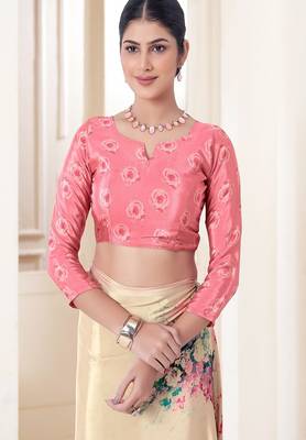 modern multicolor floral printed pink crepe saree 4