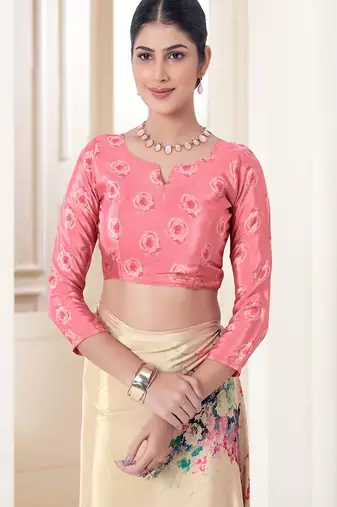 modern multicolor floral printed pink crepe saree