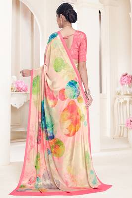 designer multicolor premium printed pink crepe saree with blouse 3
