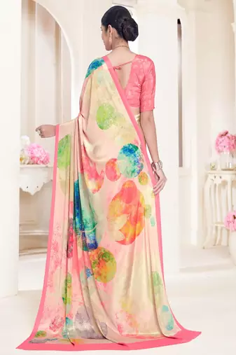 designer multicolor premium printed pink crepe saree with blouse