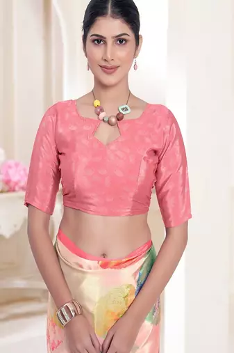 designer multicolor premium printed pink crepe saree with blouse