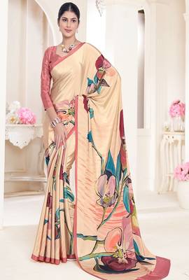 multicolor premium printed beige crepe saree with blouse for women 1