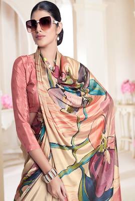 multicolor premium printed beige crepe saree with blouse for women 2