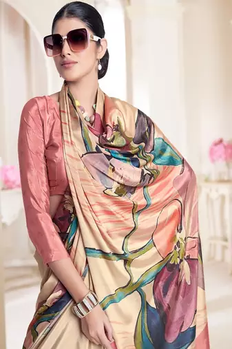 multicolor premium printed beige crepe saree with blouse for women