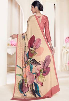 multicolor premium printed beige crepe saree with blouse for women 3