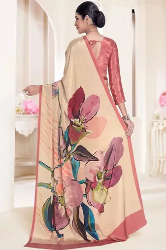 multicolor premium printed beige crepe saree with blouse for women
