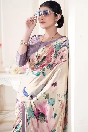cream printed crepe saree with blouse