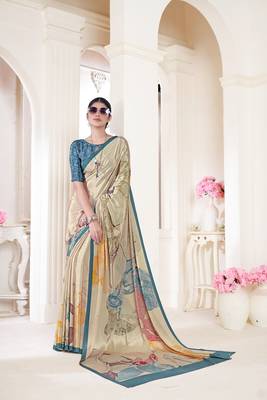 multicolor premium printed beige crepe saree with blouse 1