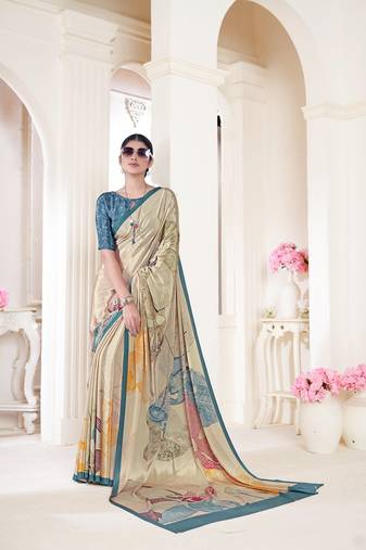 multicolor premium printed beige crepe saree with blouse