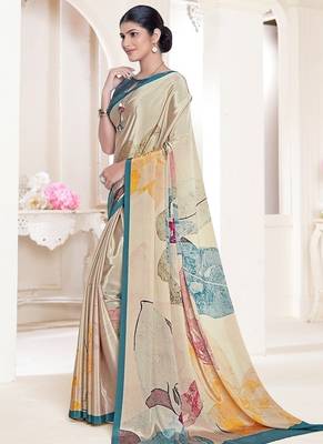 multicolor premium printed beige crepe saree with blouse 2