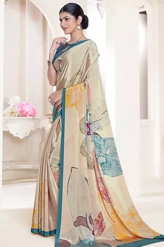 multicolor premium printed beige crepe saree with blouse