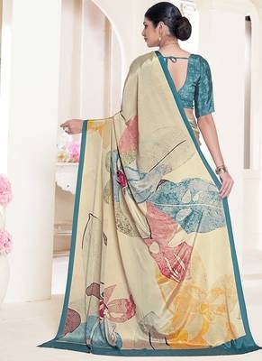 multicolor premium printed beige crepe saree with blouse 3