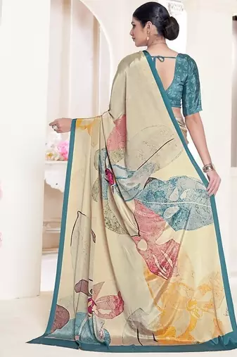 multicolor premium printed beige crepe saree with blouse
