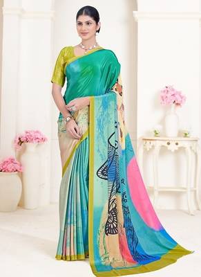 multicolor printed green crepe saree with blouse 1