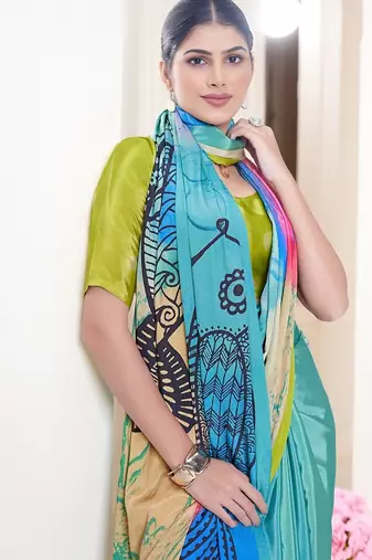 multicolor printed green crepe saree with blouse