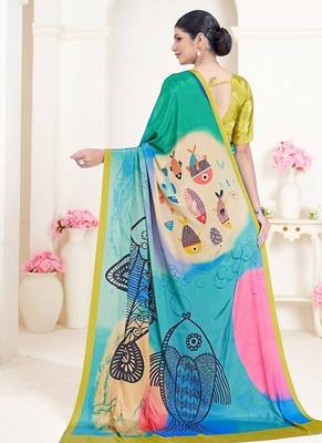 multicolor printed green crepe saree with blouse 3