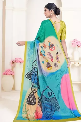 multicolor printed green crepe saree with blouse