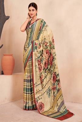 multicolor & cream striped floral printed faux crepe saree 4