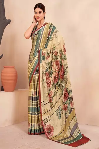 multicolor & cream striped floral printed faux crepe saree