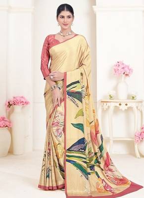 multicolor premium printed yellow crepe saree with blouse 1