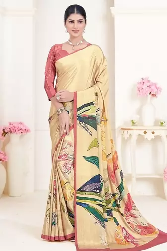 multicolor premium printed yellow crepe saree with blouse