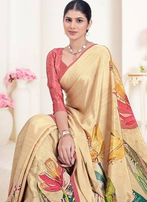 multicolor premium printed yellow crepe saree with blouse 2
