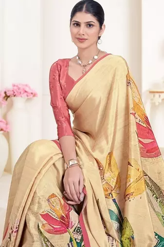 multicolor premium printed yellow crepe saree with blouse