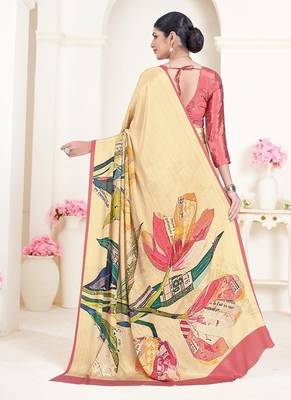 multicolor premium printed yellow crepe saree with blouse 3