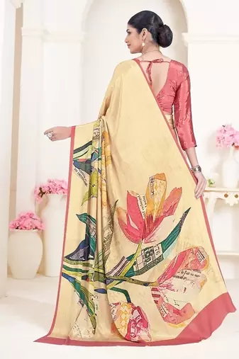 multicolor premium printed yellow crepe saree with blouse