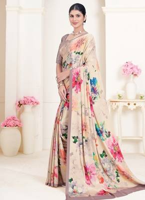 cream premium printed grey crepe saree with blouse 1