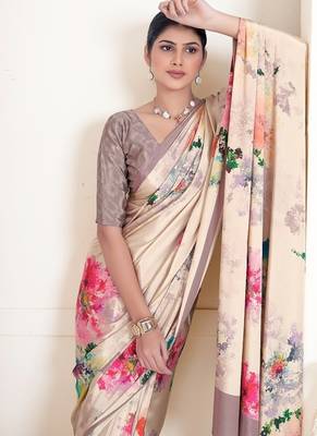 cream premium printed grey crepe saree with blouse 2
