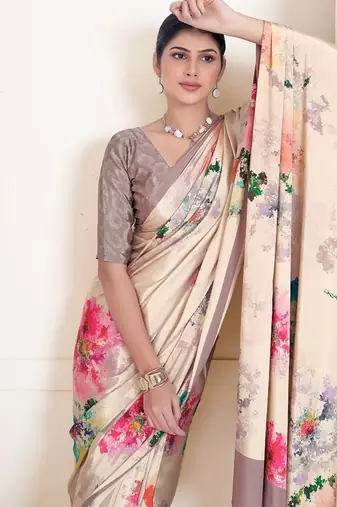 cream premium printed grey crepe saree with blouse
