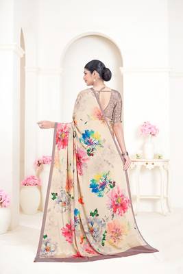 cream premium printed grey crepe saree with blouse 3