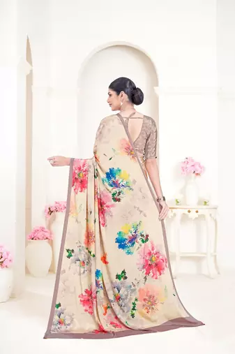 cream premium printed grey crepe saree with blouse