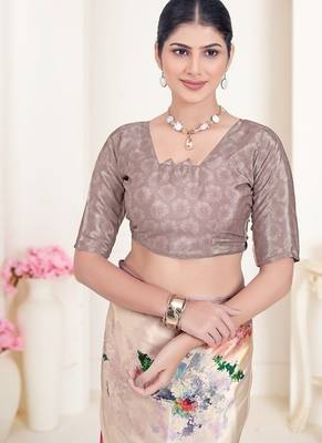 cream premium printed grey crepe saree with blouse 4
