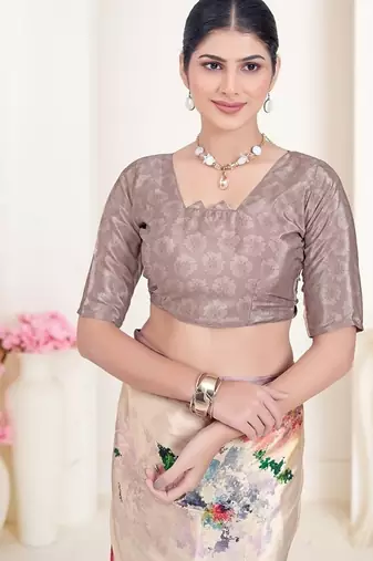 cream premium printed grey crepe saree with blouse